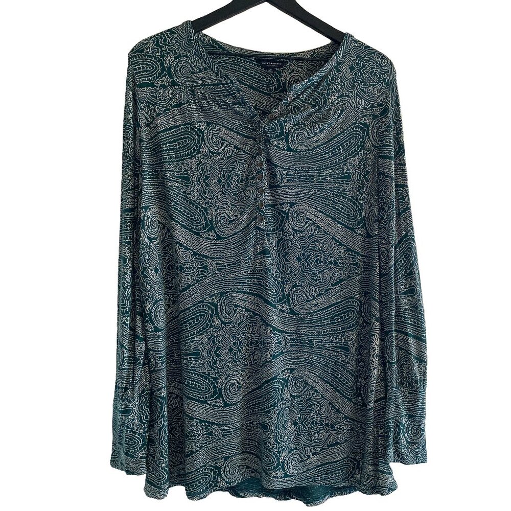 LUCKY BRAND Paisley Green White Long Sleeves Brown Button Neck/Wrist Blouse 1X